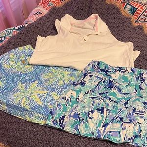 Two Lilly Pulitzer pull-on skorts and a white Lilly Pulitzer sleeveless top.